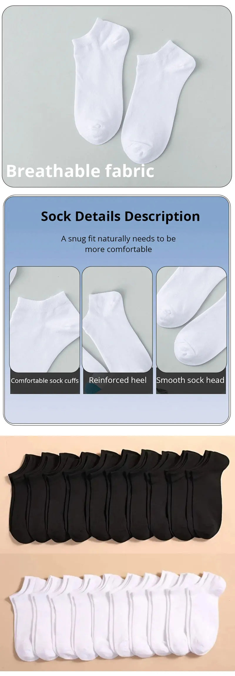 A pair of white breathable socks and a set of black and white boat socks are shown.