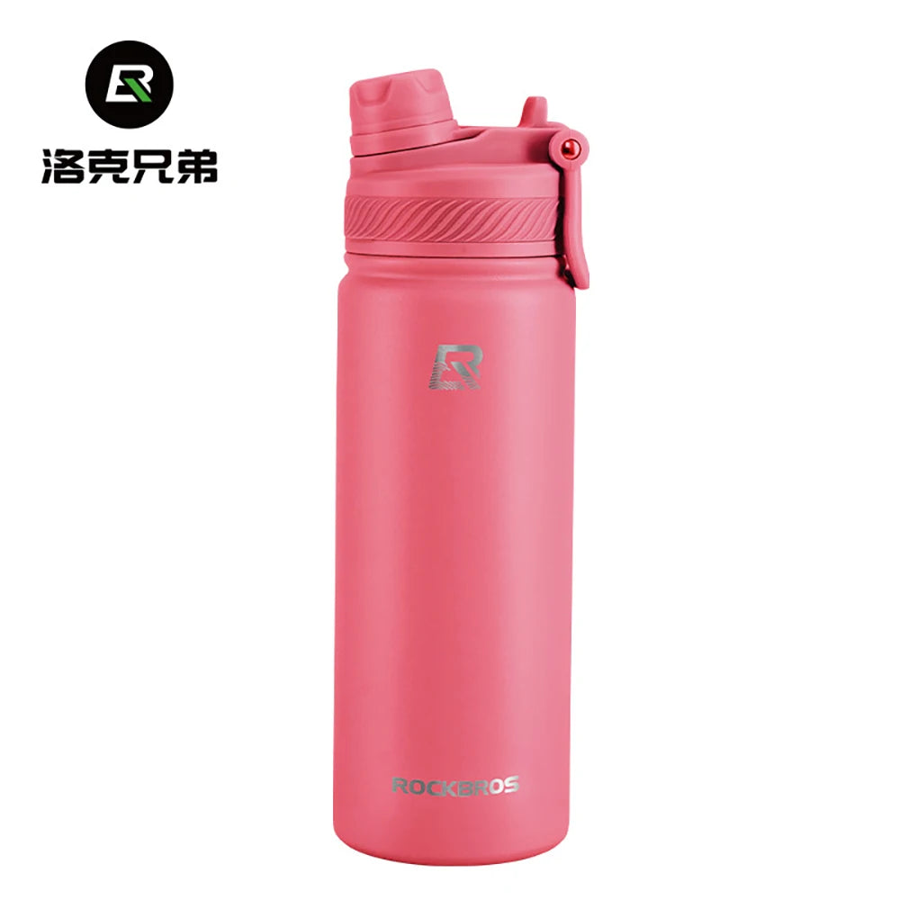 Termo de acero inoxidable aislado rosa con tapa rosca y logo negro.
