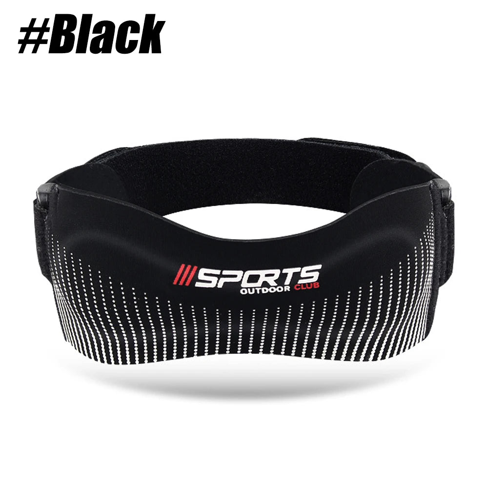 Black adjustable patellar tendon support strap worn on the knee.
