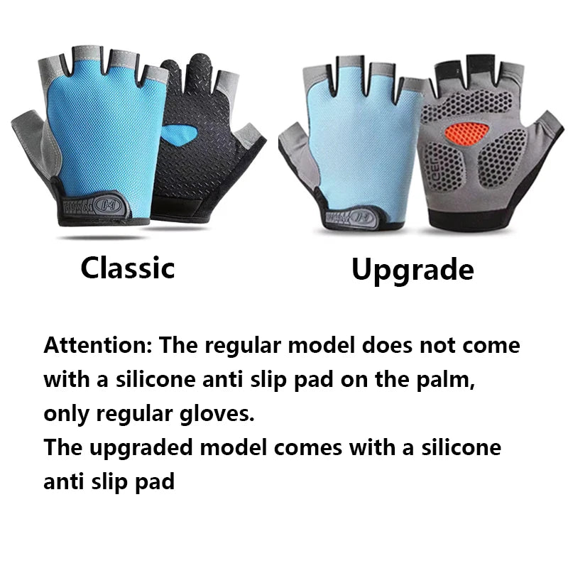 Comparison of Classic and Upgrade gym workout gloves showing differences in grip features.