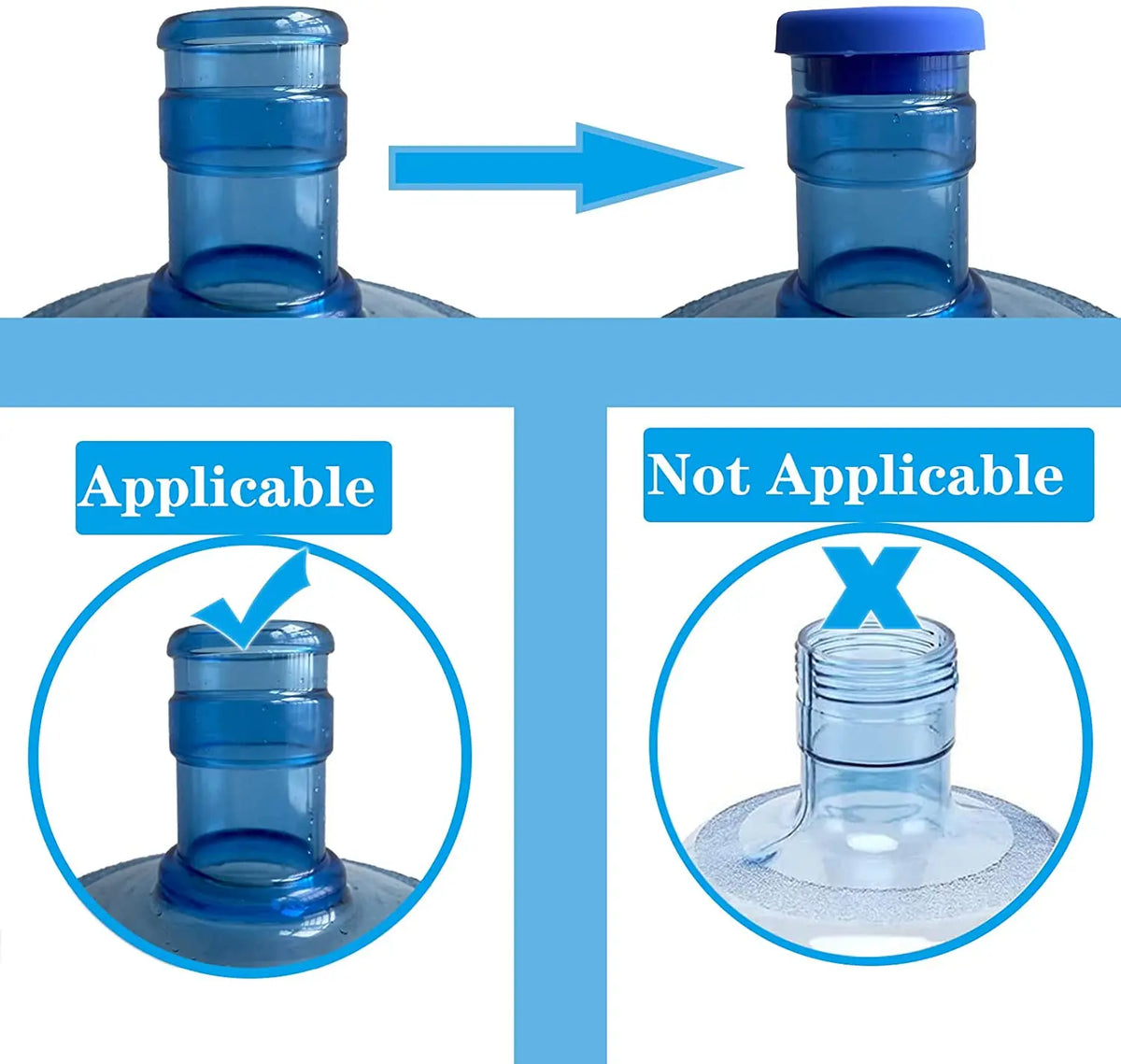 Diagram showing the application of reusable silicone water bottle lids, illustrating applicable and not applicable usage.