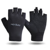 A pair of black fingerless cycling and fitness gloves displayed against a white background.