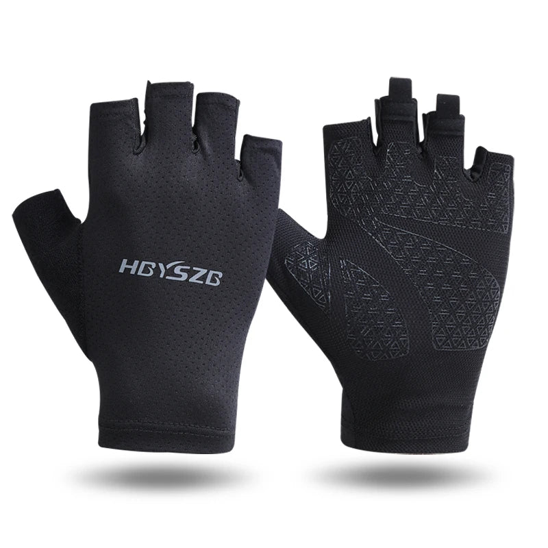 A pair of black fingerless cycling and fitness gloves displayed against a white background.