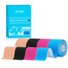 Box and rolls of OKTAPE regular kinesiology tape in various colors like pink, black, and blue.