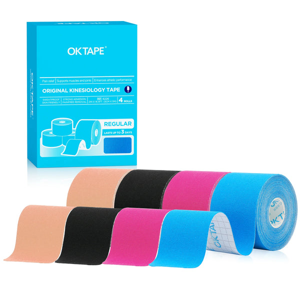 Box and rolls of OKTAPE regular kinesiology tape in various colors like pink, black, and blue.
