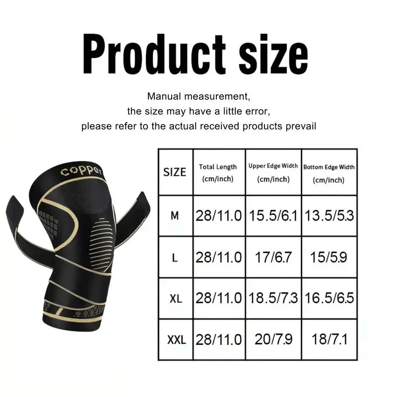 A table showing the sizes of copper knee braces, including total length and various width measurements for M, L, XL, and XXL.