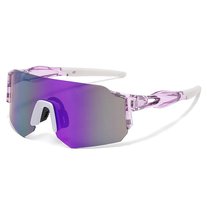 Purple and clear polarized sunglasses with adjustable arms shown against a white background.