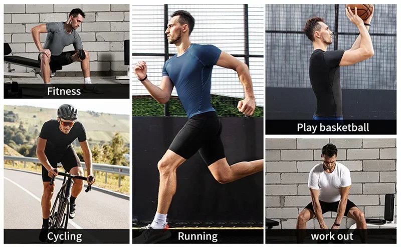 A collage showing men performing various fitness activities including workout, running, cycling, and playing basketball.