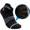 A black crew sock with white stripes and textured fabric detail shown on the foot.