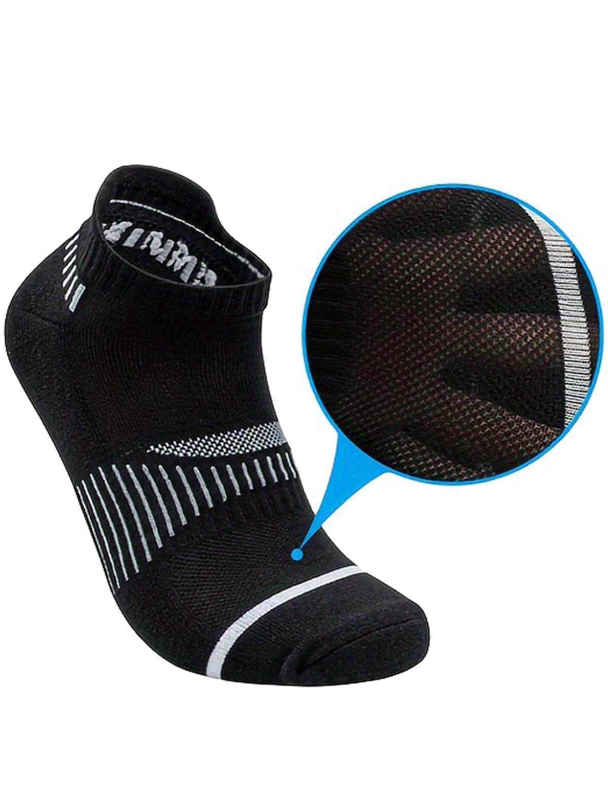 A black crew sock with white stripes and textured fabric detail shown on the foot.