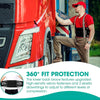 A man wearing a red shirt and brown pants is demonstrating an orthopedic lumbar support belt on a red truck.