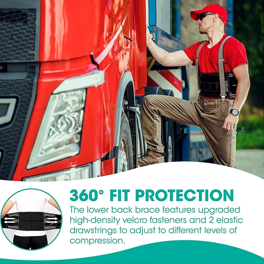 A man wearing a red shirt and brown pants is demonstrating an orthopedic lumbar support belt on a red truck.