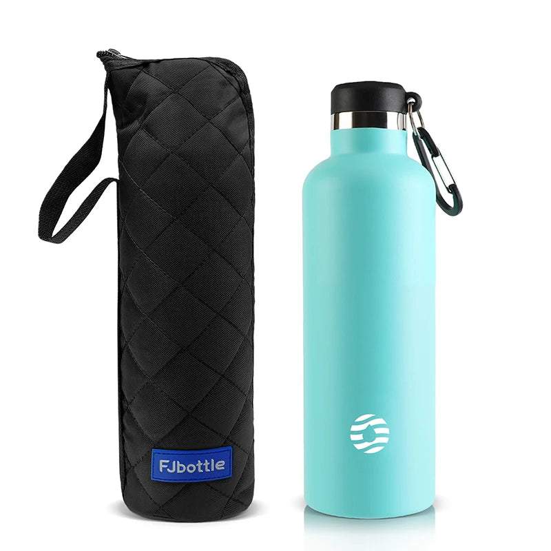 A light blue 1000ml stainless steel insulated thermos bottle with a black carrying sleeve.