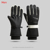 Black thermal winter ski and riding gloves with white accents shown against a gray background.