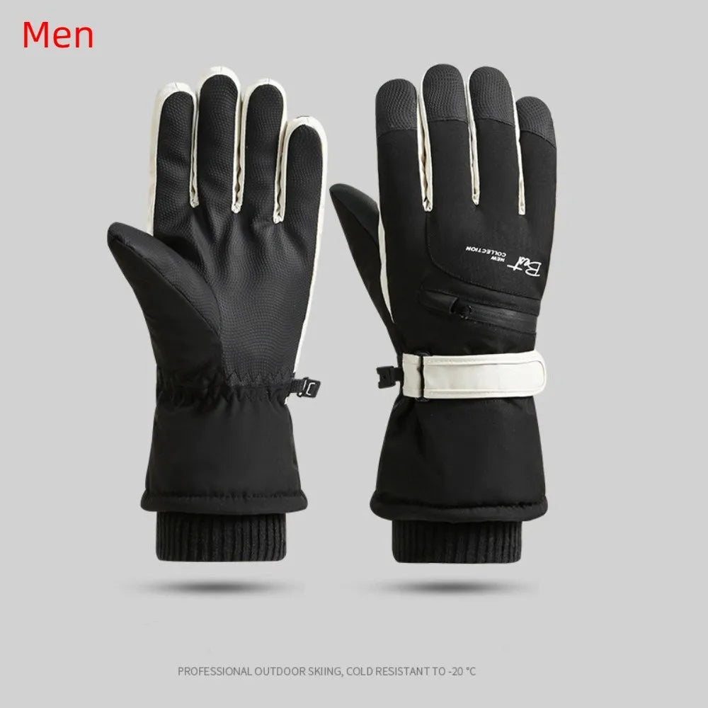 Black thermal winter ski and riding gloves with white accents shown against a gray background.