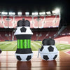A white and black foldable silicone sports water bottle is shown next to a soccer ball on a wooden surface.