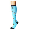 Blue compression socks with yellow bee designs on the calf and foot.