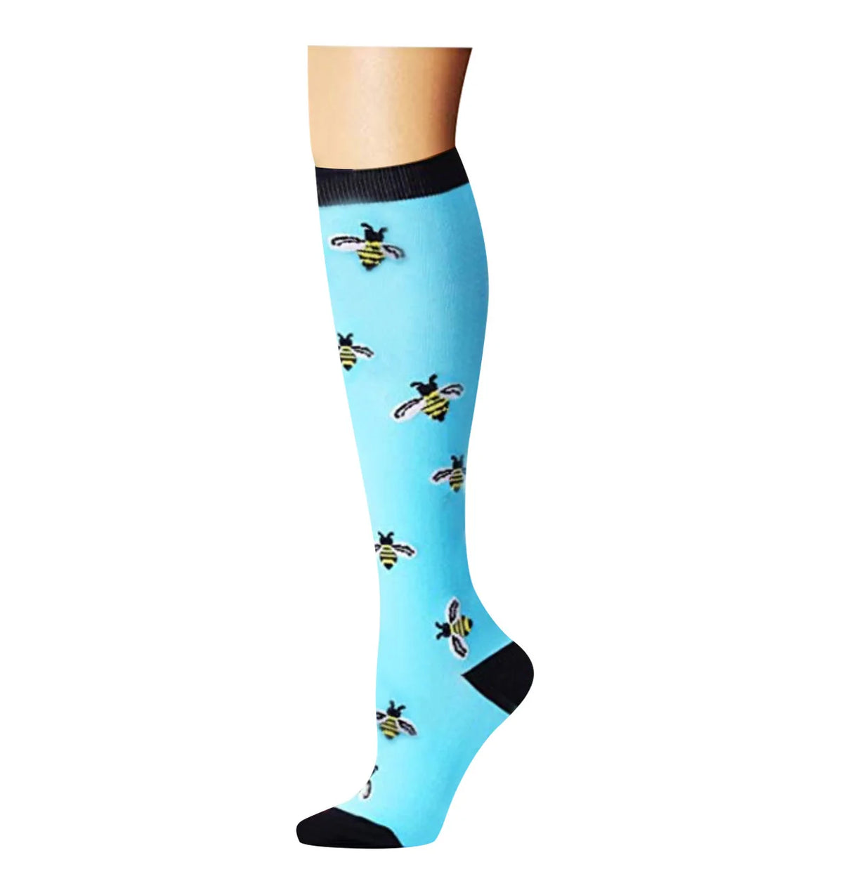 Blue compression socks with yellow bee designs on the calf and foot.