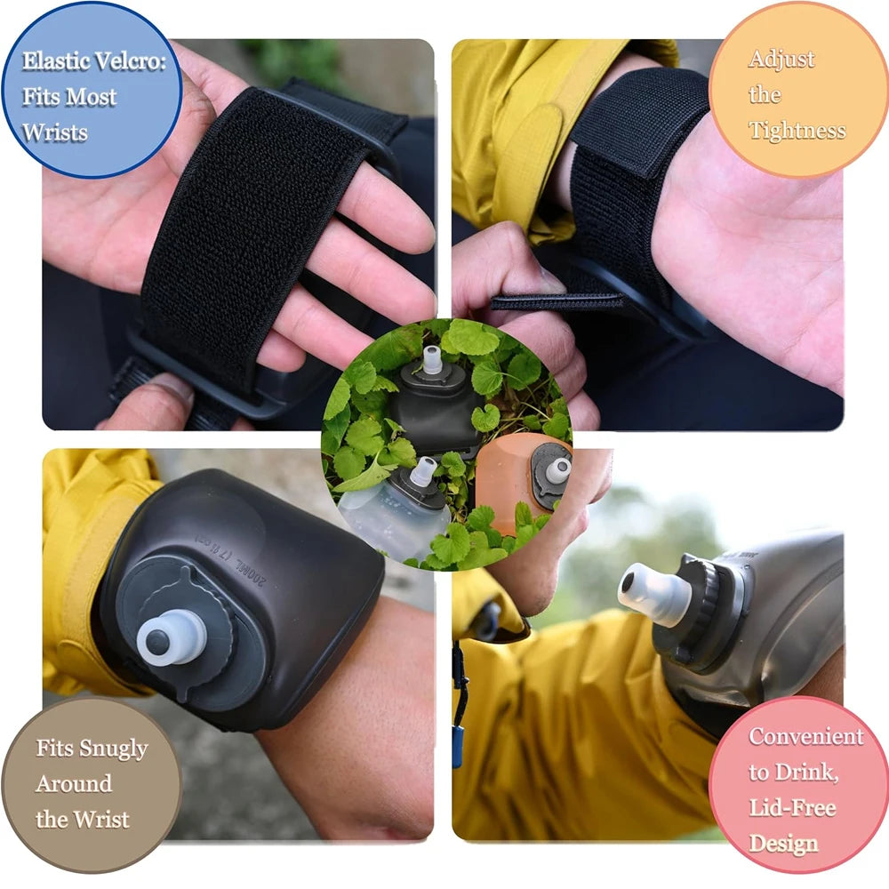 A black silicone wrist hydration bottle shown being adjusted and used for convenient drinking.