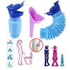 A set of blue and purple portable telescopic urinals for outdoor and travel use.