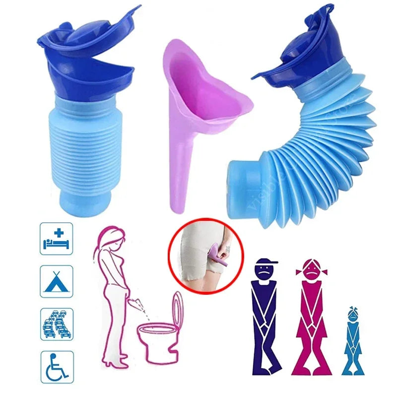 A set of blue and purple portable telescopic urinals for outdoor and travel use.