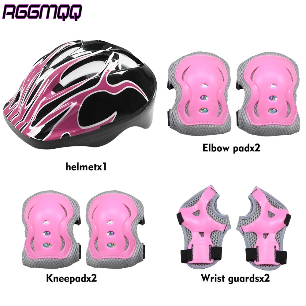 A set of multi-sport protective gear including a helmet, elbow pads, knee pads, and wrist guards.