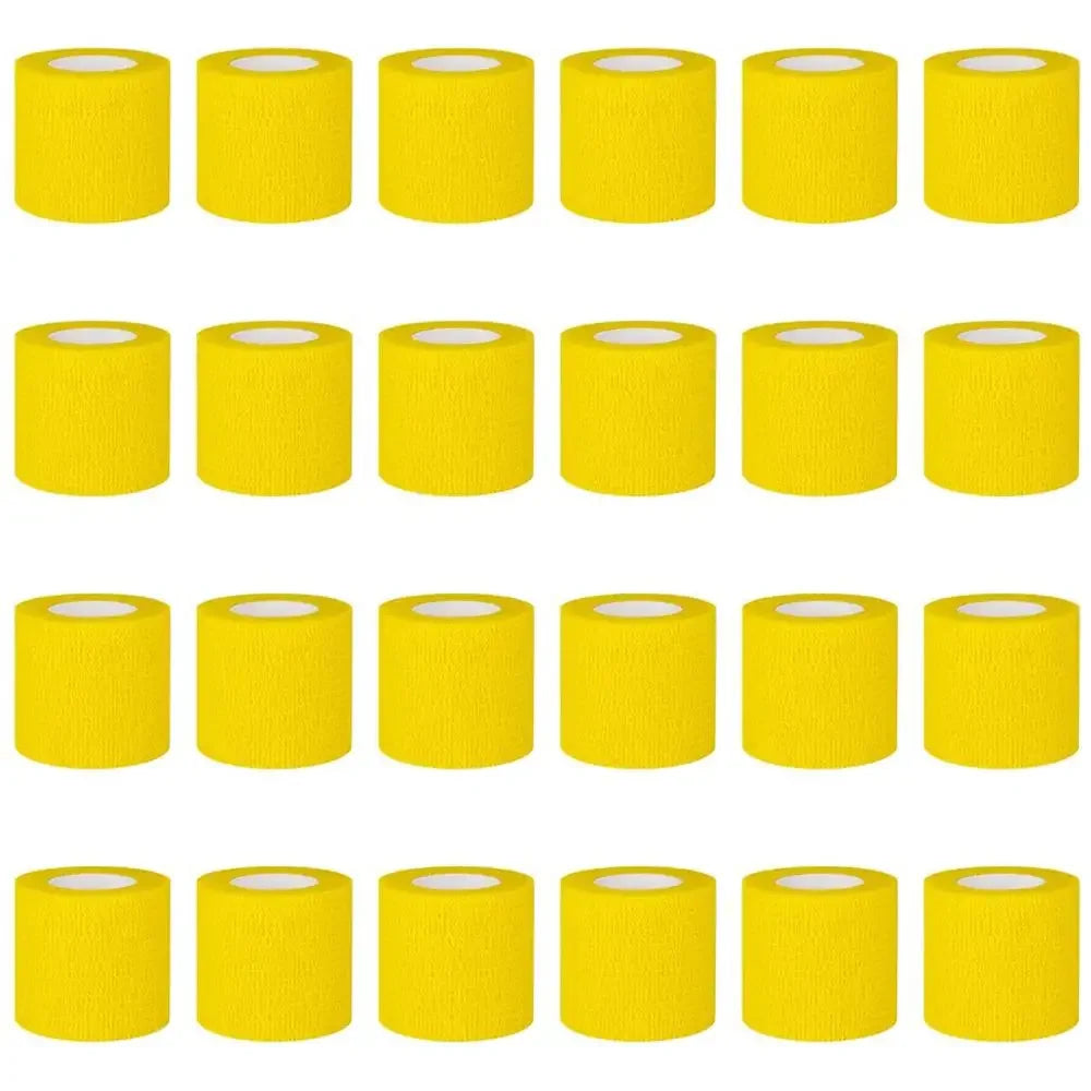 A collection of yellow roll-up self-adhesive sports bandages.
