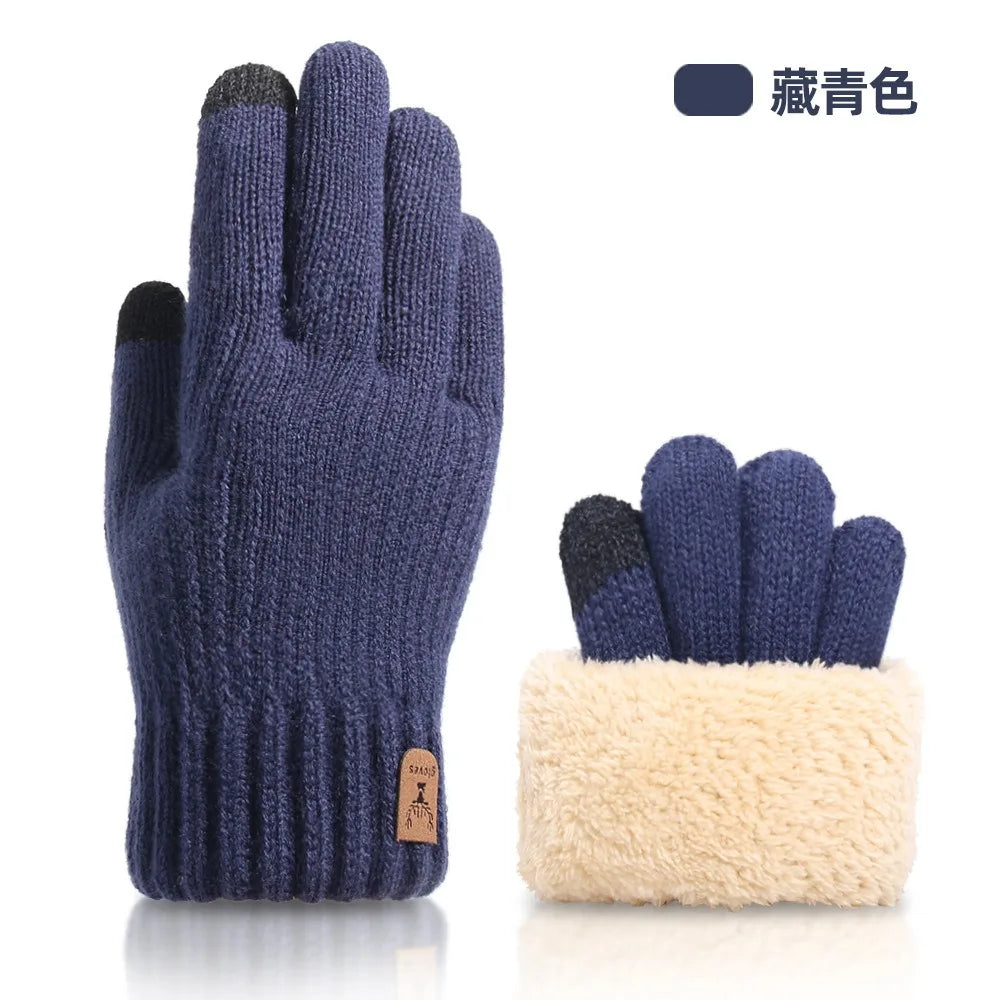 Navy knit thermal gloves with black accents shown flat lay