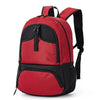 A red and black multi-sport fitness backpack with a dedicated shoe pocket.
