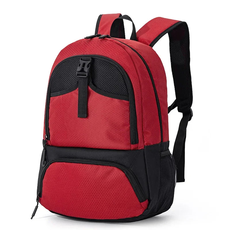 A red and black multi-sport fitness backpack with a dedicated shoe pocket.