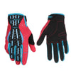 A pair of full finger motocross motorcycle gloves in black and pink with blue accents.