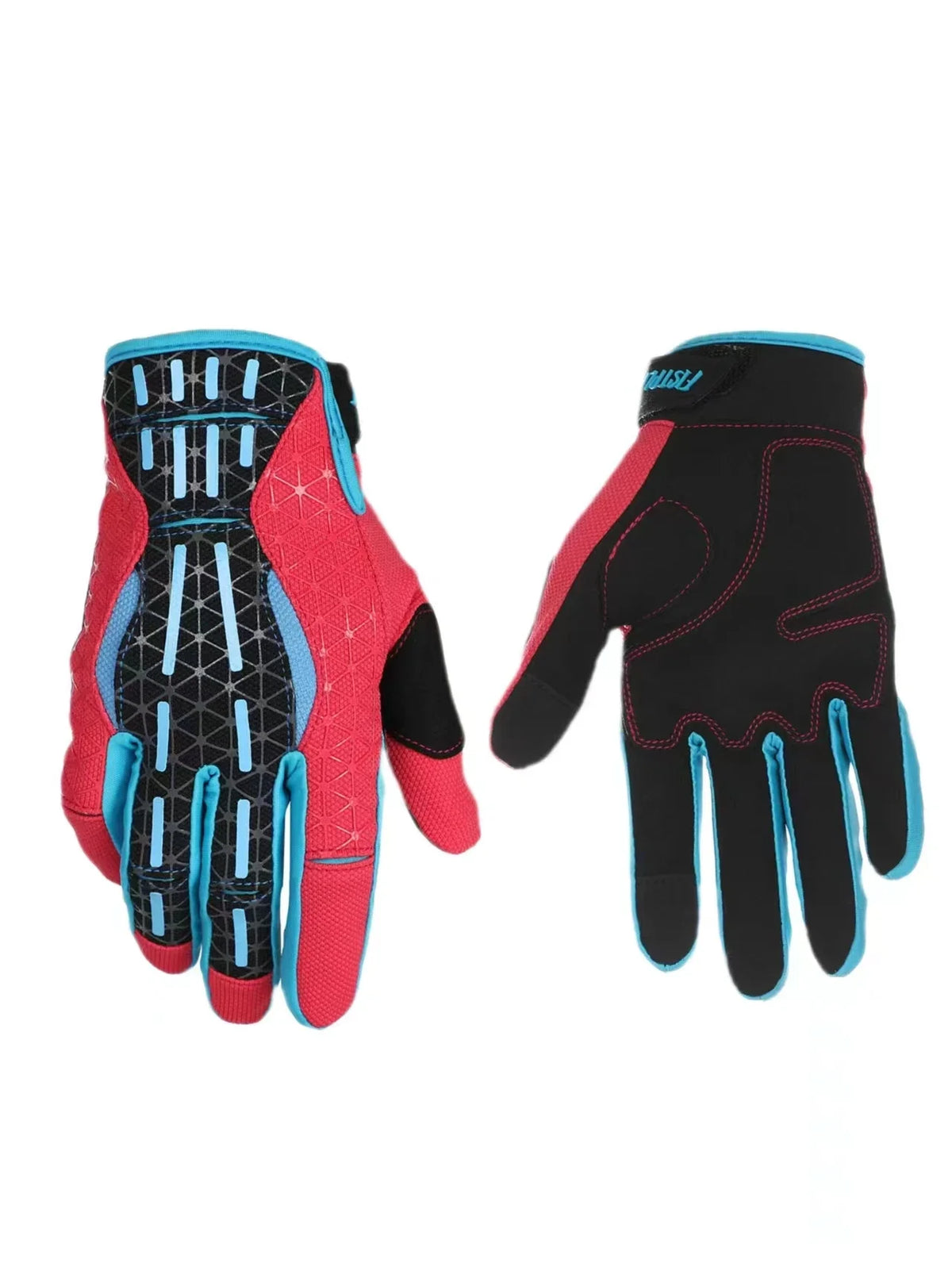 A pair of full finger motocross motorcycle gloves in black and pink with blue accents.