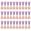 A row of gold, silver, and bronze award medals suspended by blue, white, and red ribbons.