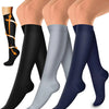 Three pairs of women's compression socks in black, gray, and navy blue shown on legs.
