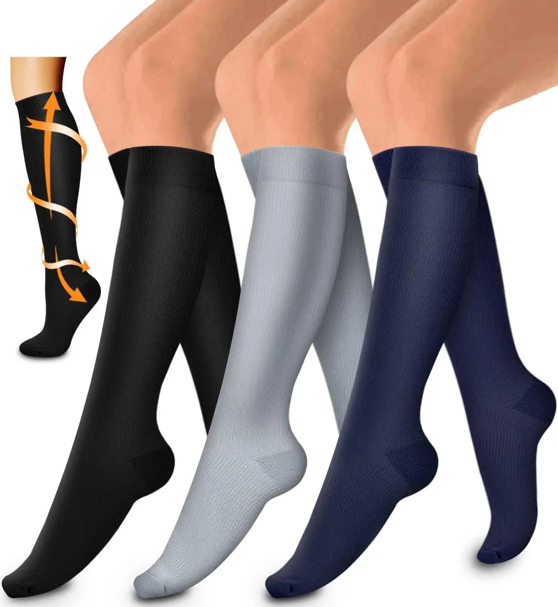 Three pairs of women's compression socks in black, gray, and navy blue shown on legs.