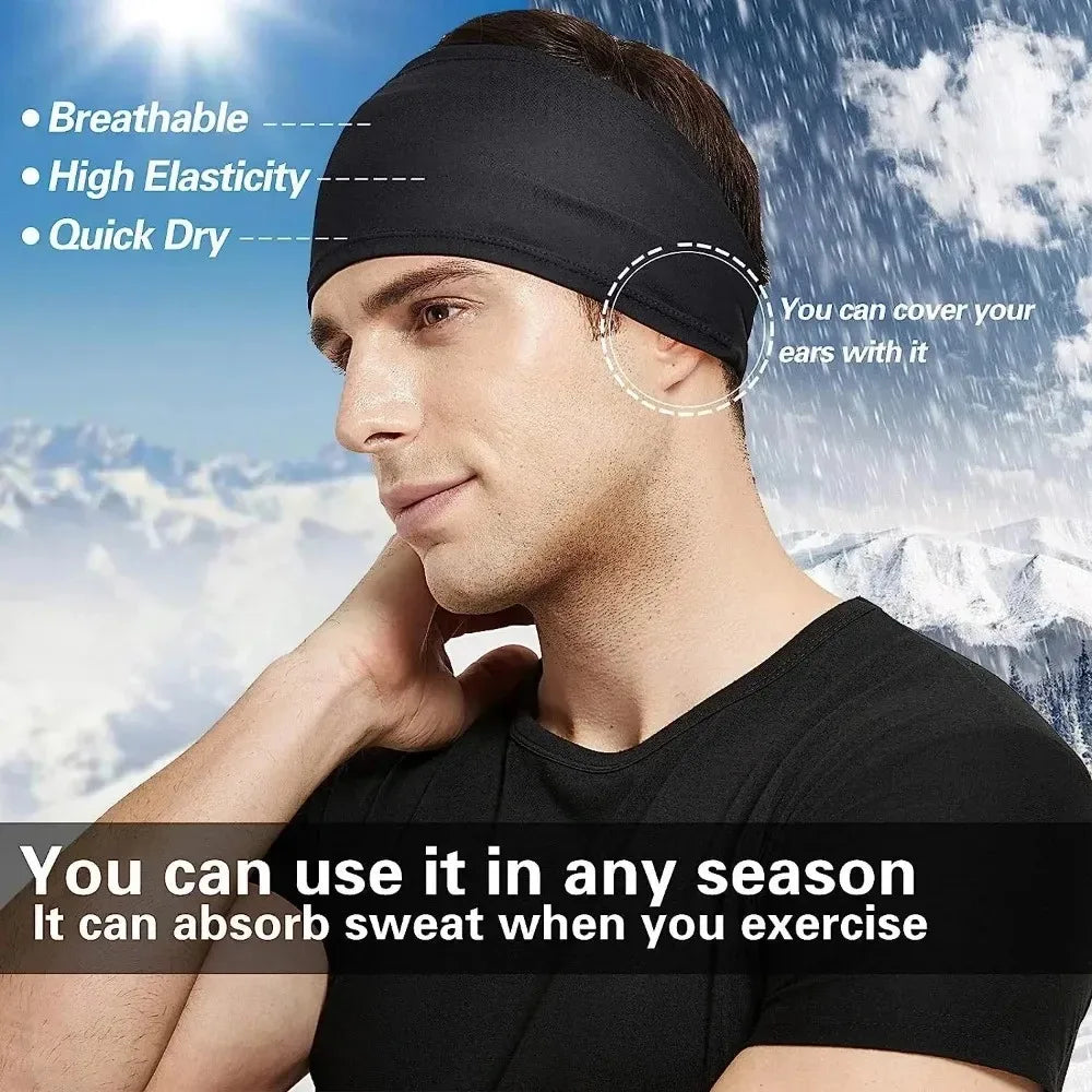 A man wearing a black breathable elastic sports headband, demonstrating its use for exercise.