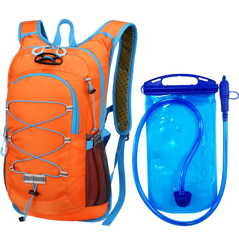 Orange backpack for hiking and sports with a blue water bottle bag attached