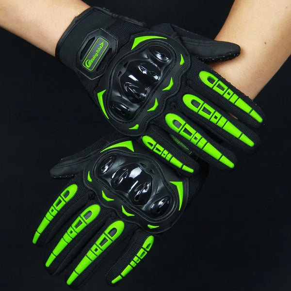 A pair of black motorcycle riding gloves with neon green accents being worn on a hand.