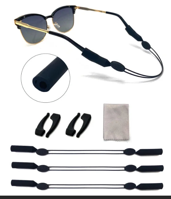 A set of adjustable anti-slip glasses straps, including a black silicone piece and three black elastic bands.