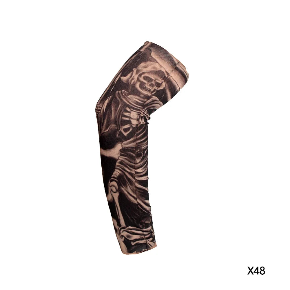 Black reusable stretch tattoo arm sleeve featuring a skull design on the forearm.