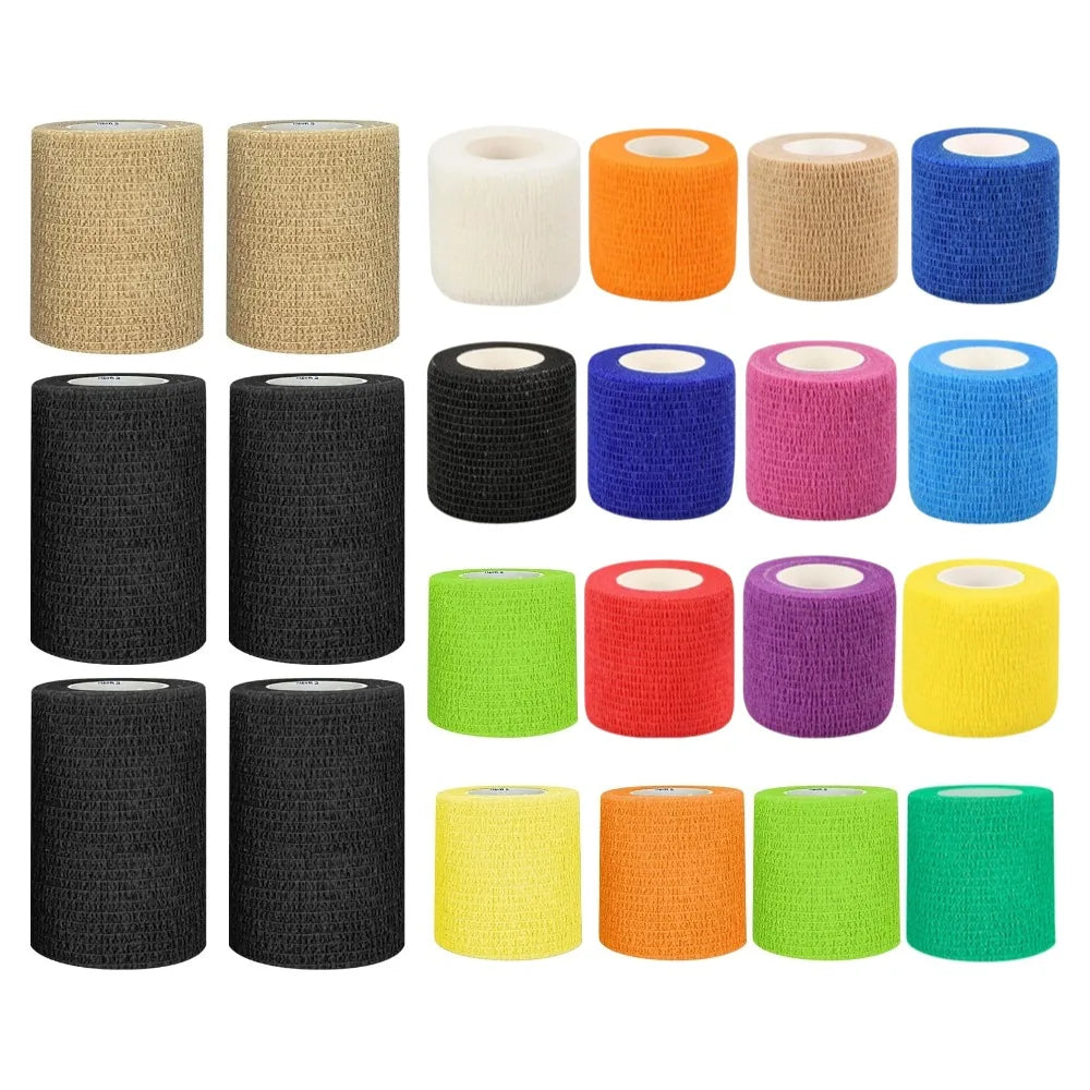 A collection of various colored self-adhesive elastic bandage tape rolls in different sizes and textures.