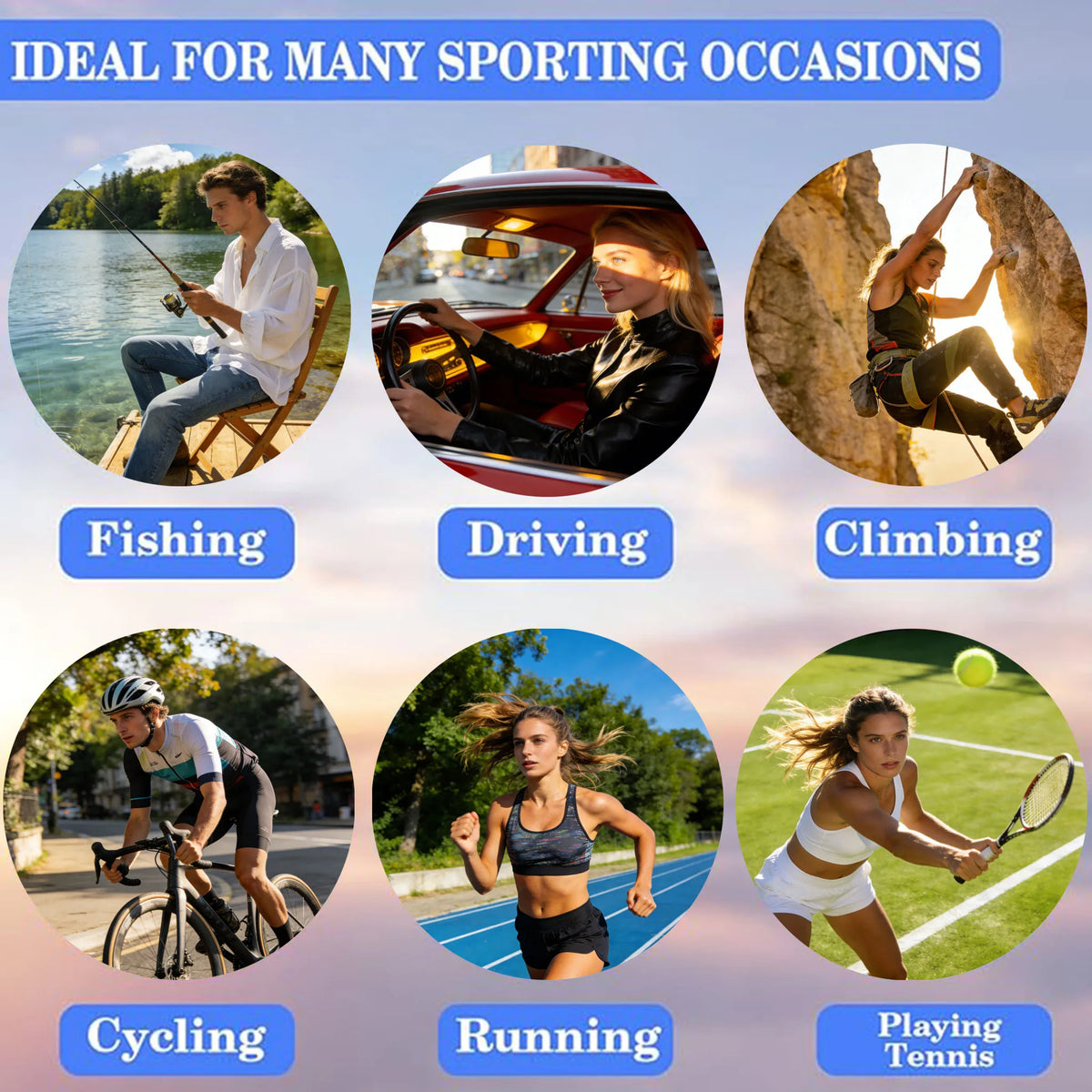 Image showing various sporting activities like fishing, driving, climbing, cycling, running, and playing tennis.