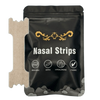 A black pouch of Nasal Strips with icons indicating breathable, gentle, hypoallergenic, and effective relief.