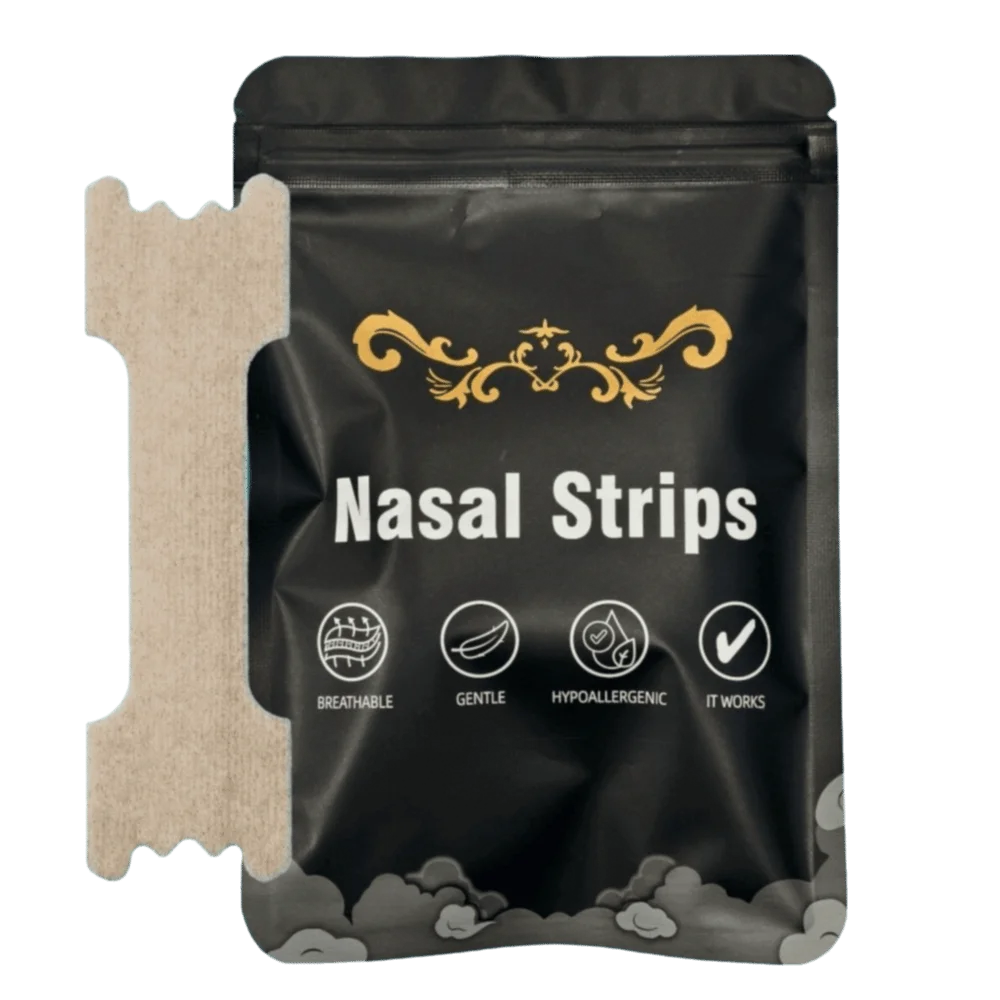A black pouch of Nasal Strips with icons indicating breathable, gentle, hypoallergenic, and effective relief.