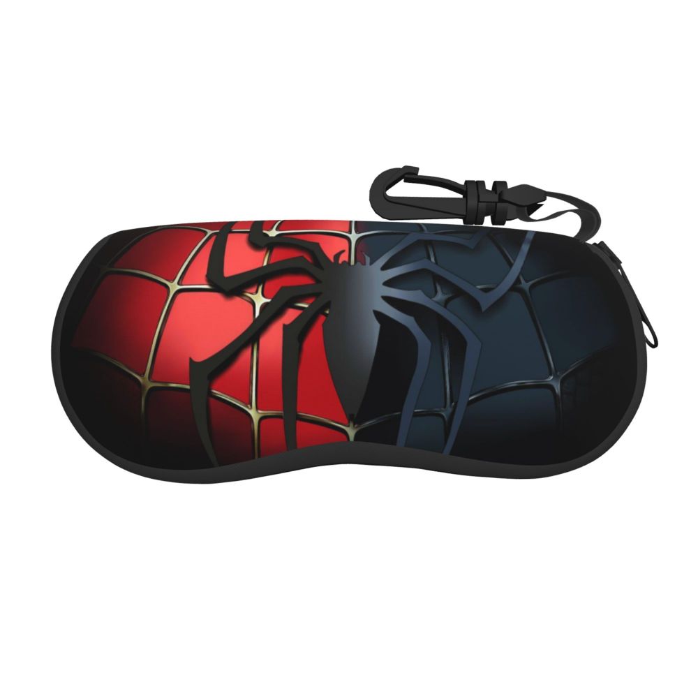 A black pouch shaped like a spider web, featuring red and blue accents, with a drawstring closure.