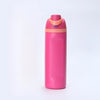 A pink insulated stainless steel thermos mug with a silicone cap and straw opening.