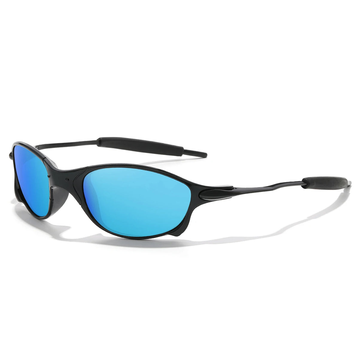 A pair of blue polarized sunglasses with black frames shown against a white background.