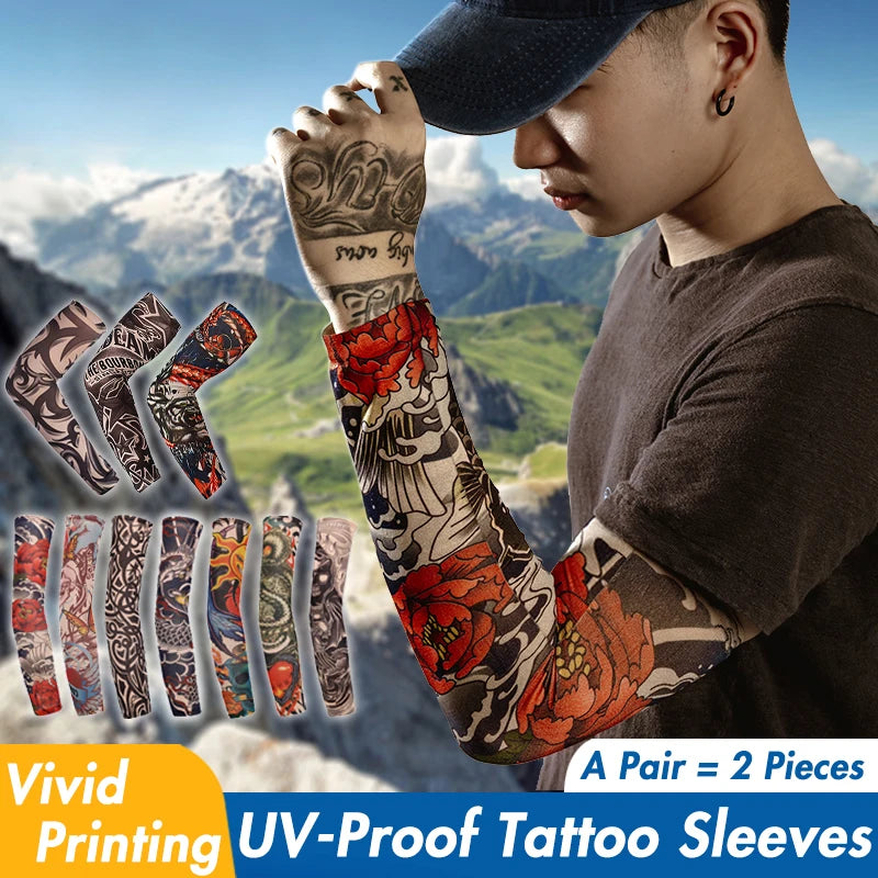 A pair of vivid printing UV-proof tattoo sleeves worn on an arm.