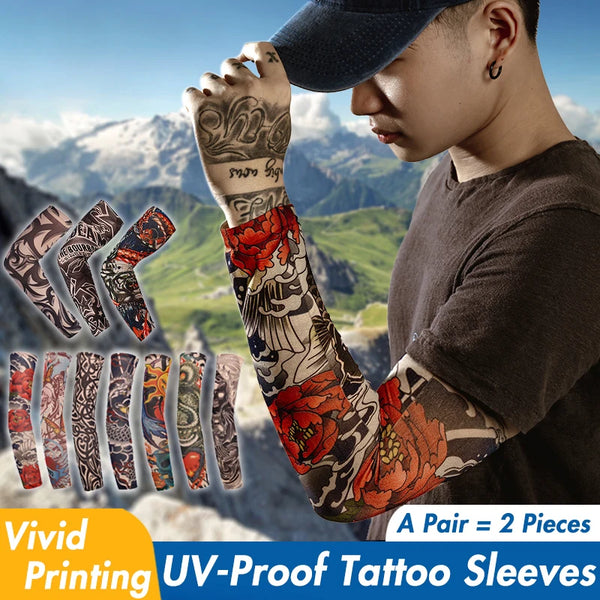 A pair of vivid printing UV-proof tattoo sleeves worn on an arm.