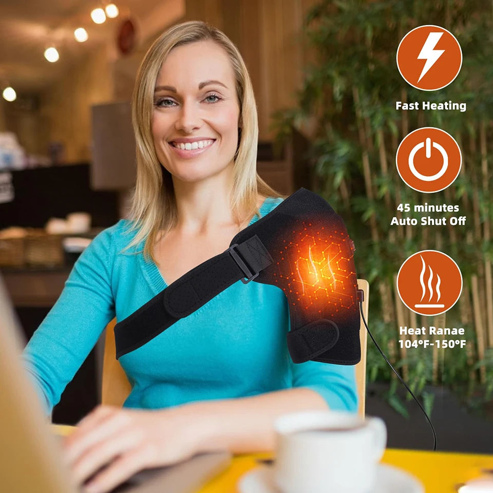 A woman demonstrates an adjustable electric heating wrap on her shoulder, showing features like fast heating and auto shut of